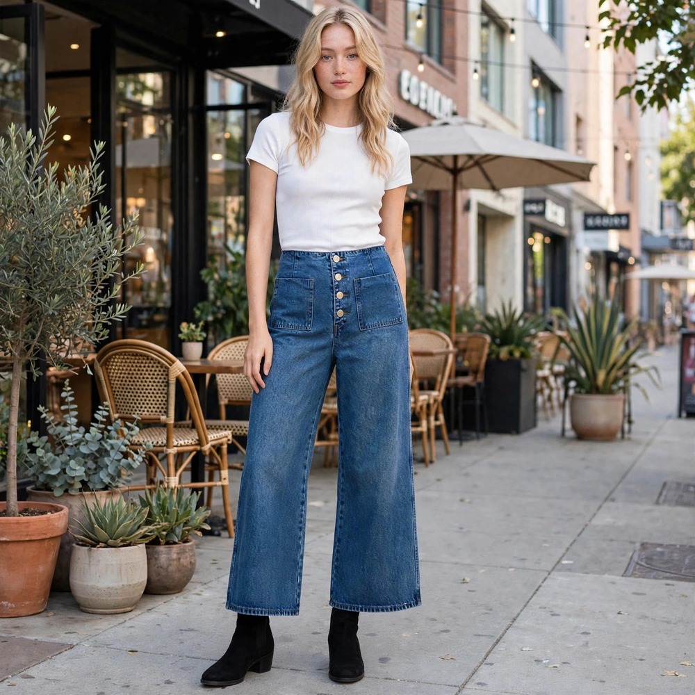 AnnieWear Los Angeles Wide Leg Jeans Blue High Rise Button Fly Patch Pocket L